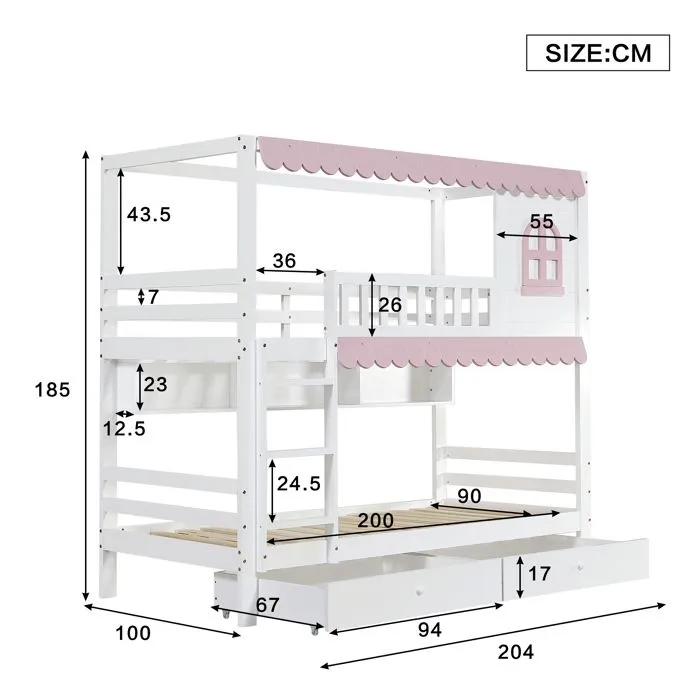 Lit superposé - Enfant - 90x200cm - Blanc + Rose - 2 tiroirs - Étagère ouverte-3