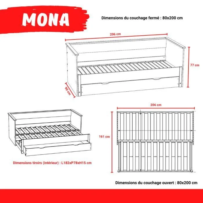 Banquette extensible - LEQUAIDESAFFAIRES - MONA - Bois massif - Blanc - Avec tiroir-3