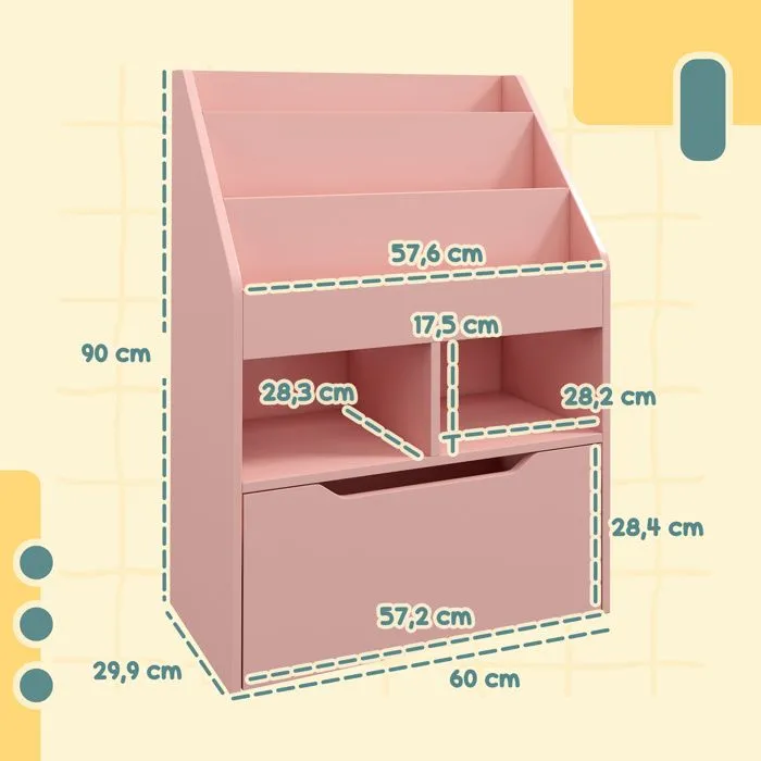 Bibliothèque HOMCOM étagère Multi-Rangement 3 étagères 2 niches Grand tiroir en bois Rose-3