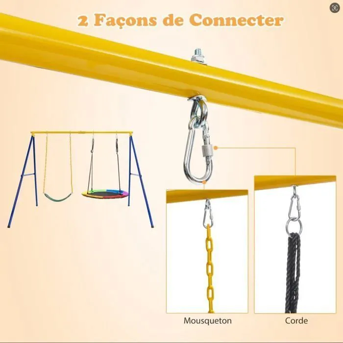 COSTWAY Portique avec Balançoire Nid d'Oiseau Ronde Ø100CM Balançoire Ceinture 1,2m pour Enfant Charge 300KG 2 Méthodes de Fixation-5