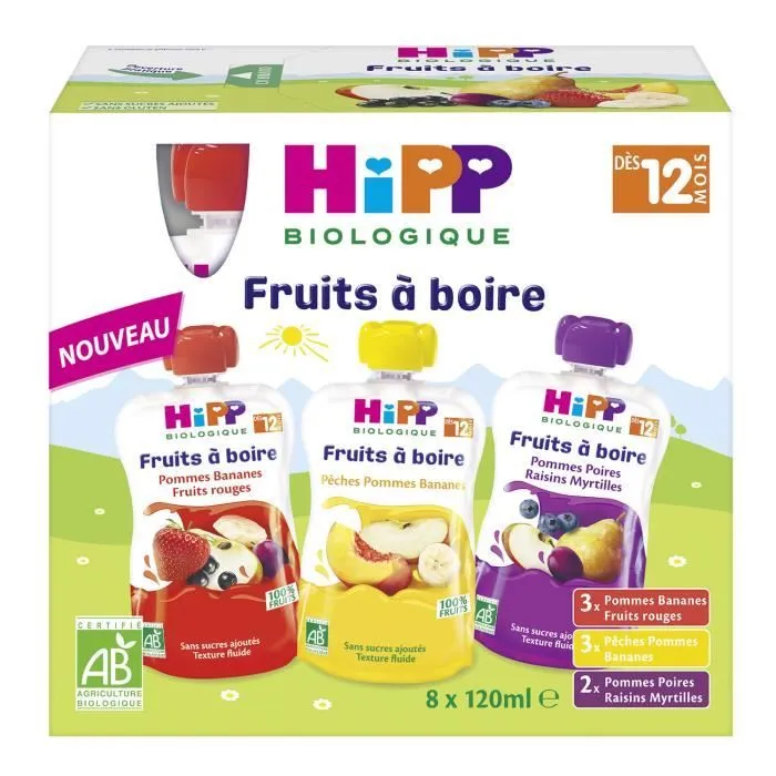 Hipp Bio Fruits à Boire Gourde Multipack 3 Variétés +12m Lot de 8 x 120ml-0