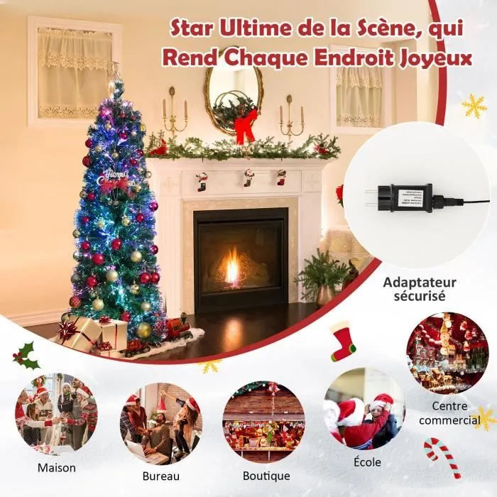 COSTWAY Sapin de Noël Artificiel 150 cm avec Fibre Optique Colorées 361 Branches PVC Forme de Crayon Décoration de Noël pour Maison-2