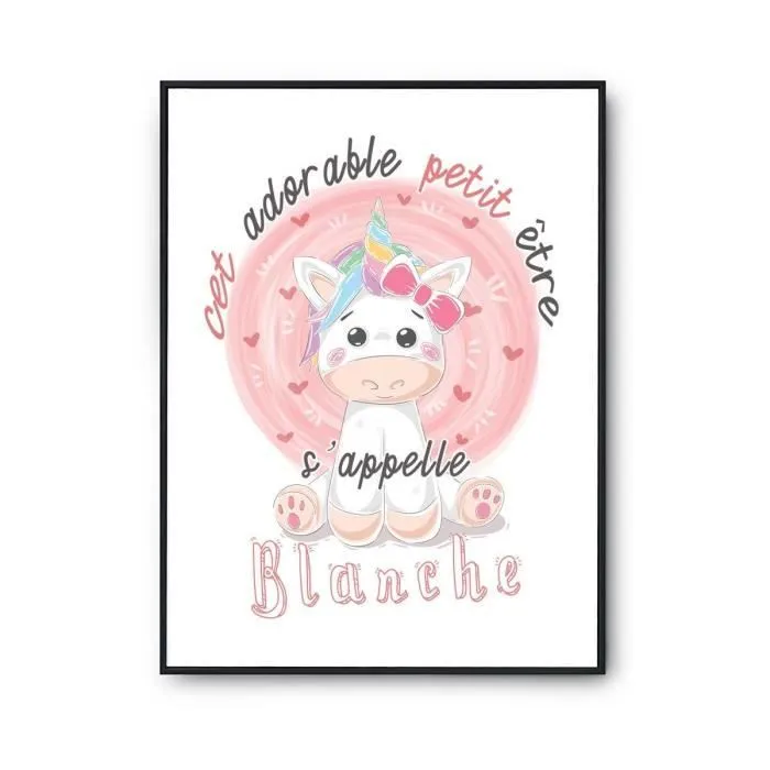 Affiche bébé prénom Blanche Licorne | Poster pour chambre bébé et enfant pour décoration murale qualité papier Premium A4-0