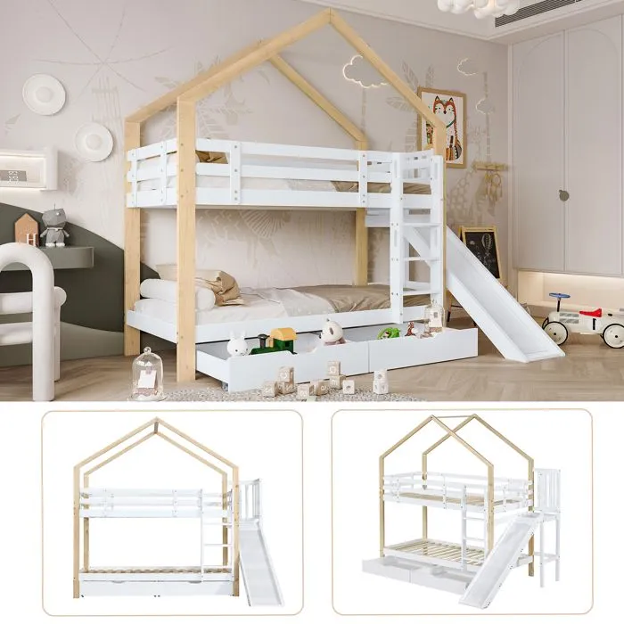 Lit superposé - Enfant - Maison avec toboggan - Bois massif - Blanc + Naturel - 90x200cm-2