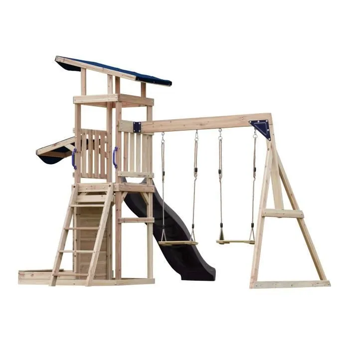 AXI Malik Aire de Jeux en Bois avec 2 Balançoires, Toboggan Gris/ Aire de Jeux Extérieur avec Bac à Sable et Mûr de Jeux/Toboggan-2