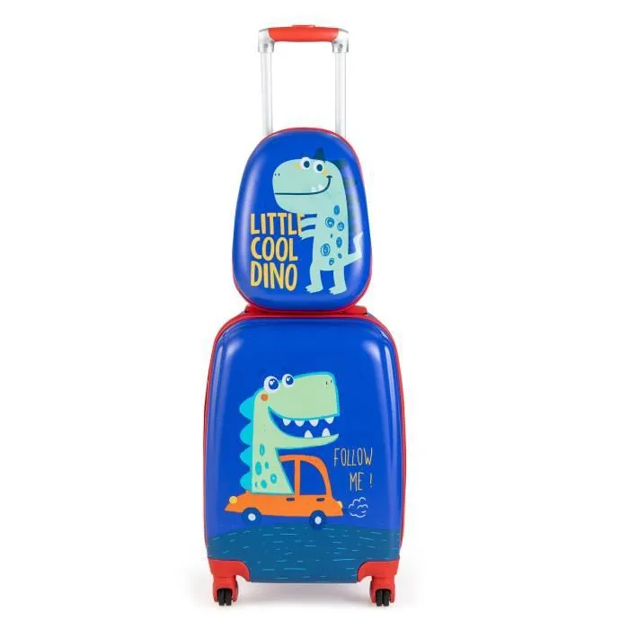 Valise Cabine Enfant 18”+ Sac à Dos 12,5” - COSTWAY - Dinosaure - Poignée Rétractable - Étanche-0