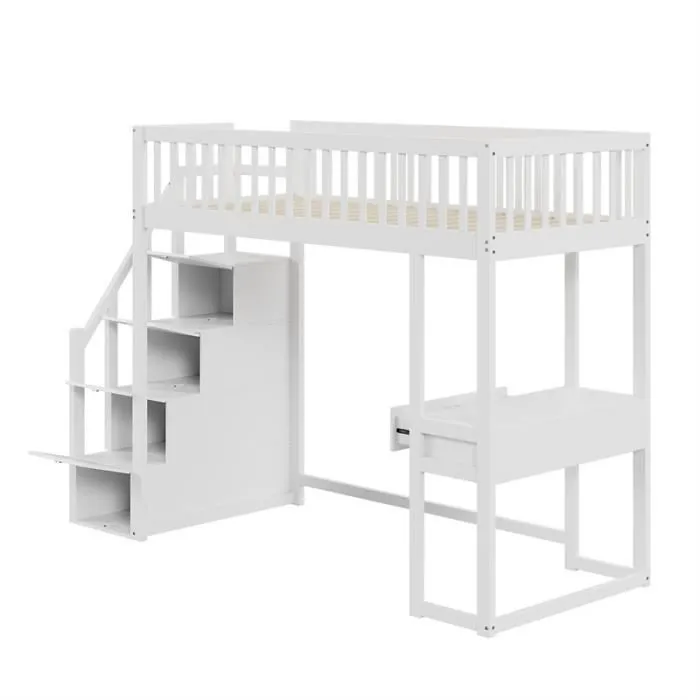 Lit mezzanine 90x200cm - lit enfant avec bureau avec tiroirs, escalier de rangement, sommier à lattes - cadre en pin- blanc-2