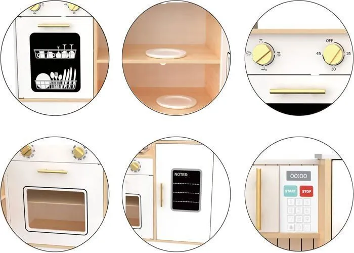 Cuisine Enfant +3ans Bois Mamabrum - Interactive, Cuisine Angle, Dinette, Lave-linge, Four, Lave-vaisselle, Hotte, Plaque, Blanche-5