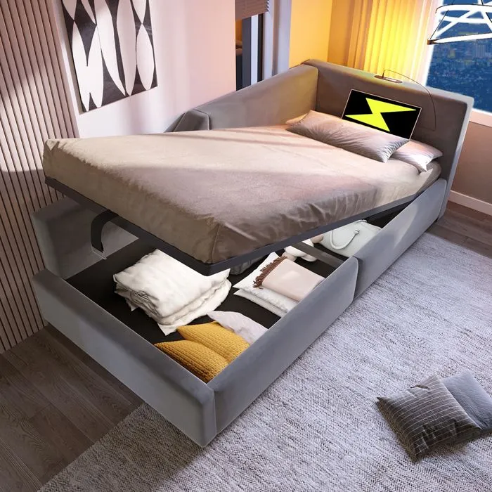 Lit coffre 90x200cm - Velours - Avec liseuse et ports USB-C - Sommier à lattes - Gris-1