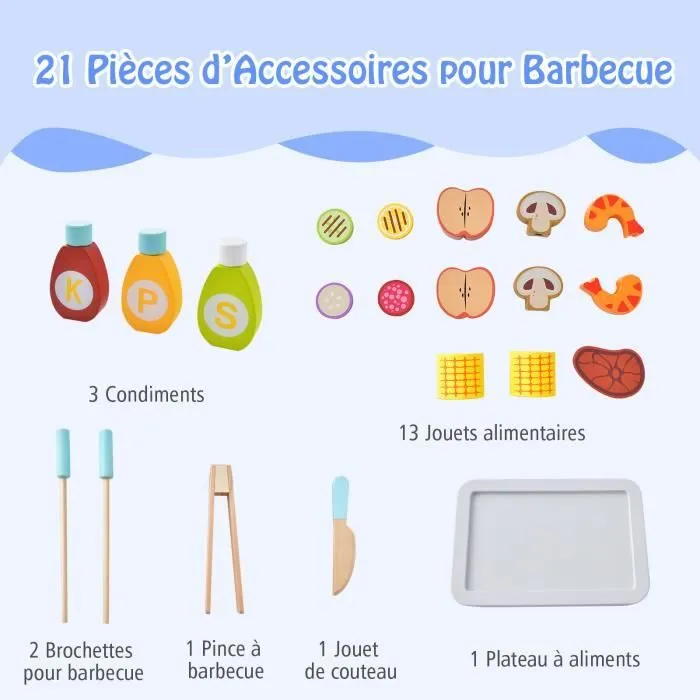 COSTWAY Jouet Barbecue Grill en Bois pour Enfants 3 Ans+, 21 Accessoires, avec Roues, Son Réaliste Cadeaux Idéal-1