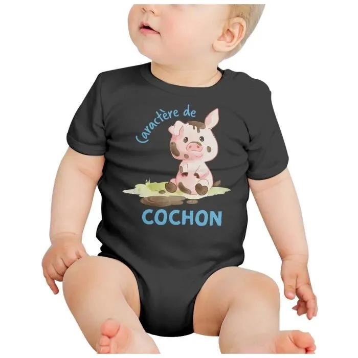 Body Bébé Manche Courte Noir Caractère de Cochon Humour Expression-1