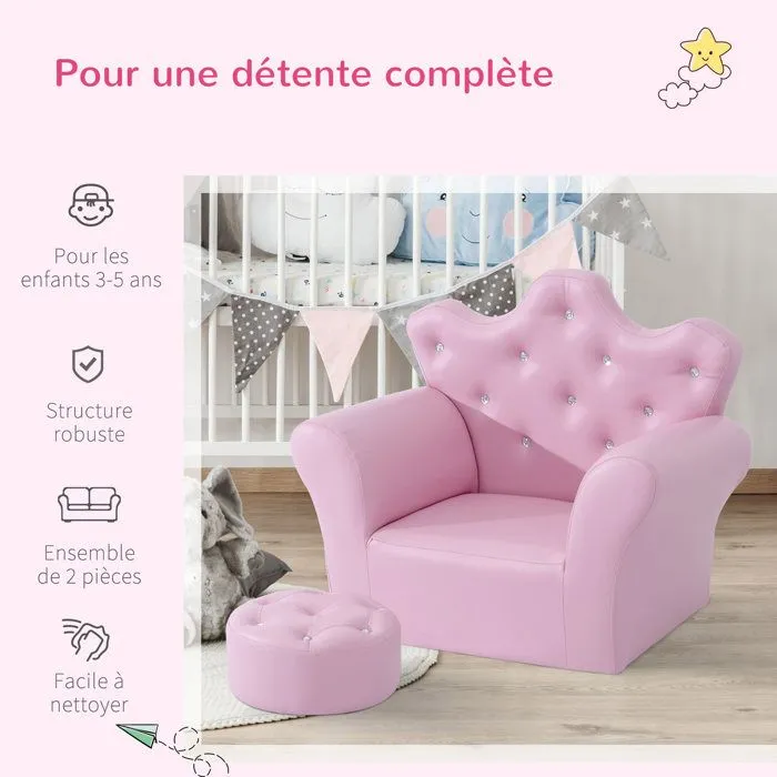 Ensemble fauteuil et pouf enfant design couronne de princesse - HOMCOM - Rose - 3 ans et plus-4