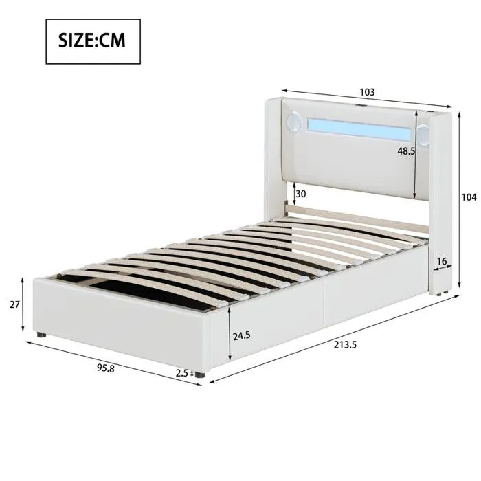 MODERNLUXE Lit coffre rembourré 90x200cm avec LED, lecteur Bluetooth - USB - sommier à lattes - en similicuir - Blanc-3