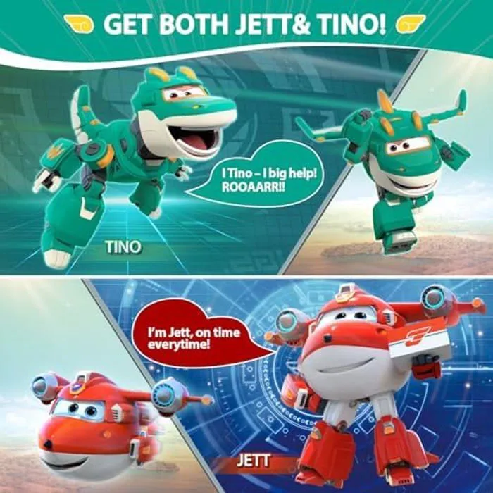 Super Wings 5" Transforming Characters 2-Pack Transforming Supercharged Jett + Tino, Transformer Toy for 3+ Year Old Boy Girl-1