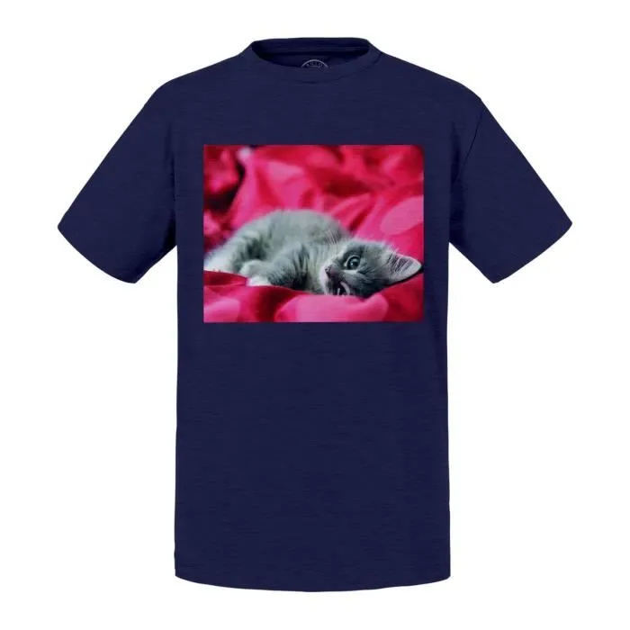 T-shirt Enfant Bleu Chaton Gris Mignon Drap Rouge-0