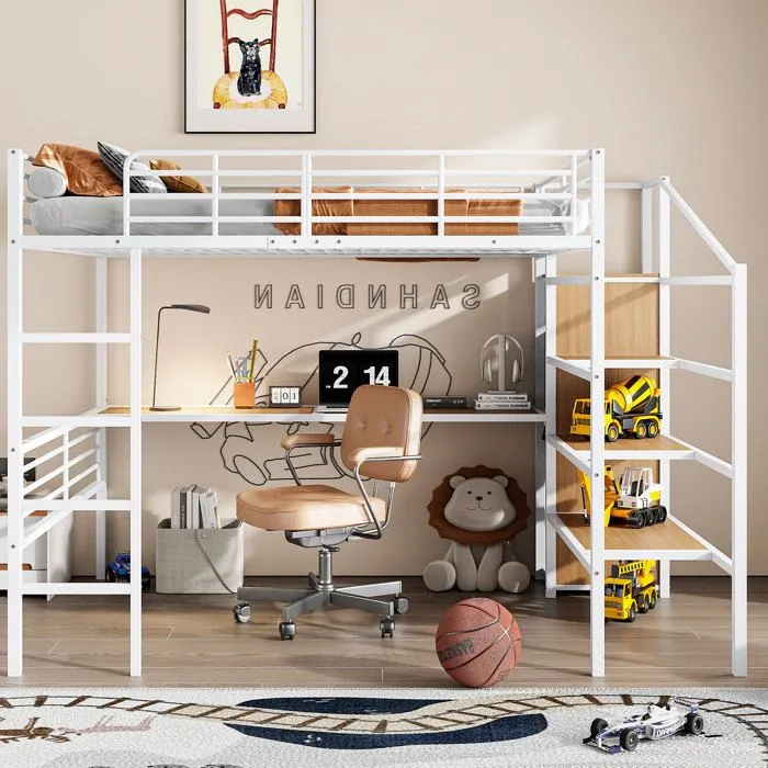 Lit mezzanine - MARQUE - 140x200cm - Bureau intégré - Armoire ouverte - Échelle de rangement-1