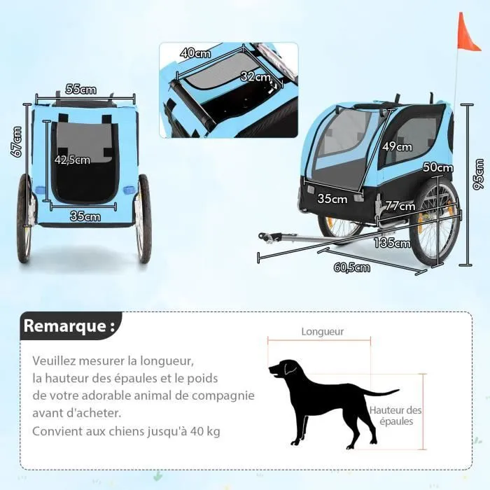 COSTWAY Remorque de Vélo pour Animaux de Compagnie jusqu'à 40 KG avec Roues de 50 cm et Toit Ouvrant pour Chiens/Chats, Bleu-3