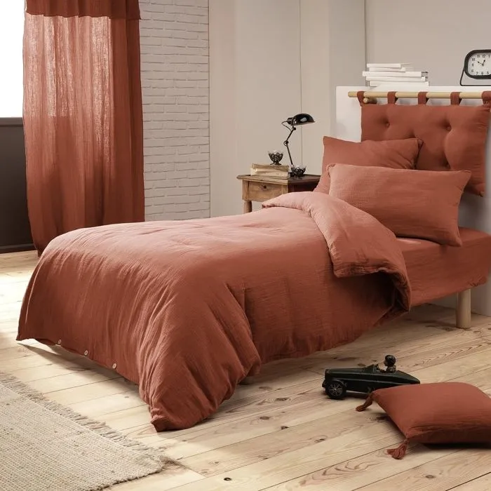 Housse de couette 1 pers 140 x 200 cm double gaze de coton Gaïa Brique-1