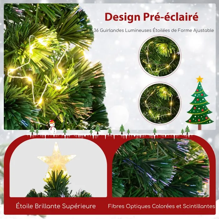 Sapin de Noël Artificiel 180CM COSTWAY-Fibre Optique-36 Lumières Guirlande Lumineuse Blanches Chaudes-Etoile Brillante-230 Pointes-1