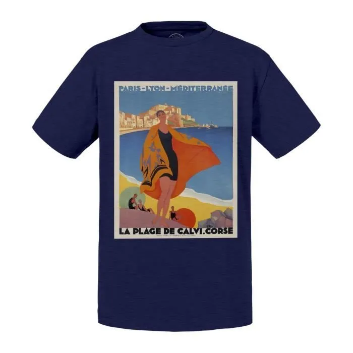 T-shirt Enfant Bleu Calvi Corse Affiche Poster Vintage Voyage Art Deco 30's-0