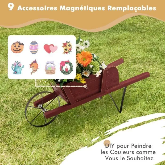 COSTWAY Brouette Décorative en Bois pour Plantes - Accessoires Magnétiques, Longues Poignées - Jardinière de Jardin à Roues - Rouge-1