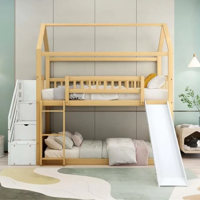 Lit superposé, lit cabane 90x200cm avec sommiers à lattes et toboggan, en bois, naturel + blanc-1
