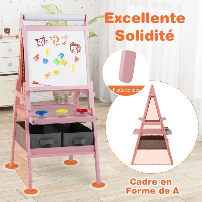 COSTWAY Chevalet d'Art 3 en 1 -Tableau Noir & Blanc Magnétique,Rouleau de Papier & 2 Bacs en Tissu pour Enfants 3-6 Ans Rose-5