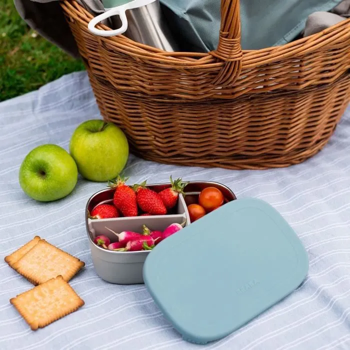 BEABA, Boîte repas enfant en inox, couvercle en silicone et housse de protection, Gris velours et bleu-6
