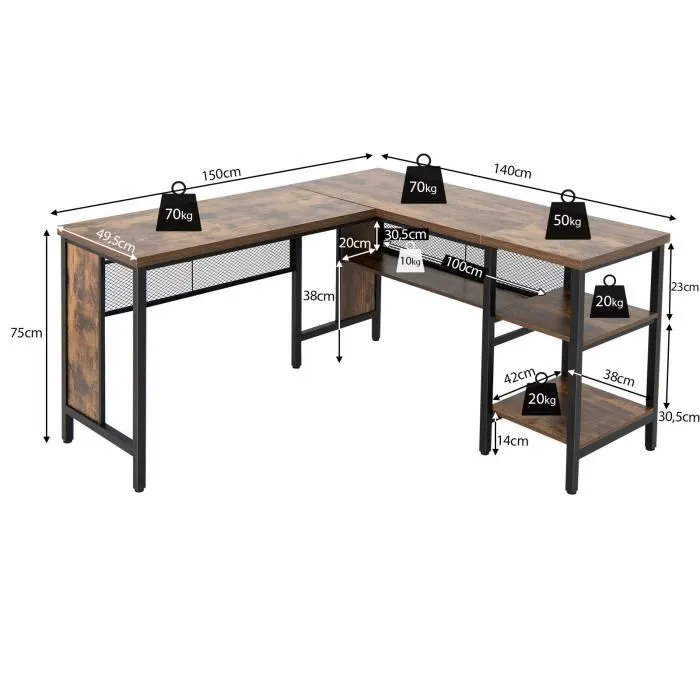 COSTWAY Bureau d’Angle Industriel en Forme de L, 150 x 140 x 75 cm Plateau de Table Spacieux & 3 Étagères Ouvertes, Marron Rustique-3