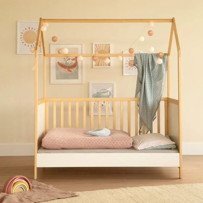 ROBA Lit Cabane Bébé Évolutif 70x140 cm - Convertible en Lit Junior et en Banc - Hauteur Réglable - Bois Laqué Blanc / Naturel-5