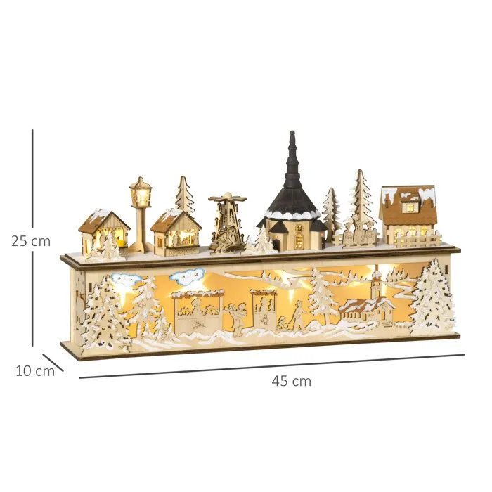 HOMCOM Village de Noël Lumineux en Bois Décoration de Noël Maison Miniature sur Table avec 10 LED Blanc Chaud - 45 x 10 x 25 cm-3