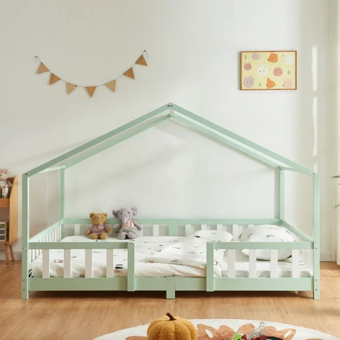 Lit d'enfant Treviolo Forme Maison avec Matelas à Mousse à Froid 200 x 140 cm vert menthe-1