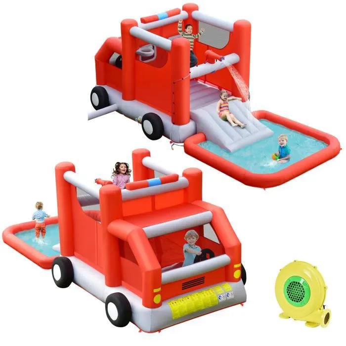 COSTWAY Toboggan Aquatique Gonflable avec Gonfleur 480W Piscine à Eclaboussures sur Thème Voiture de Pompiers Ballon de Basket-0
