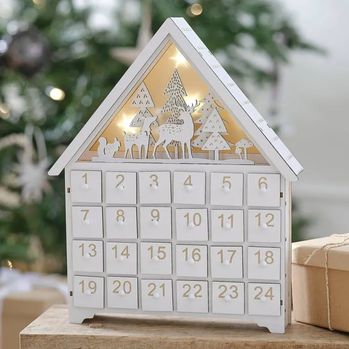 Ginger ray - WC-134 - Calendrier de l'Avent lumineux en bois blanc et doré pour décoration de cheminée-0