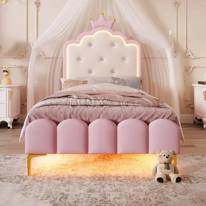 Lit 90x200cm - lit simple princesse LED avec sommier à lattes et tête de lit couronnée - matériau PU, rose-5