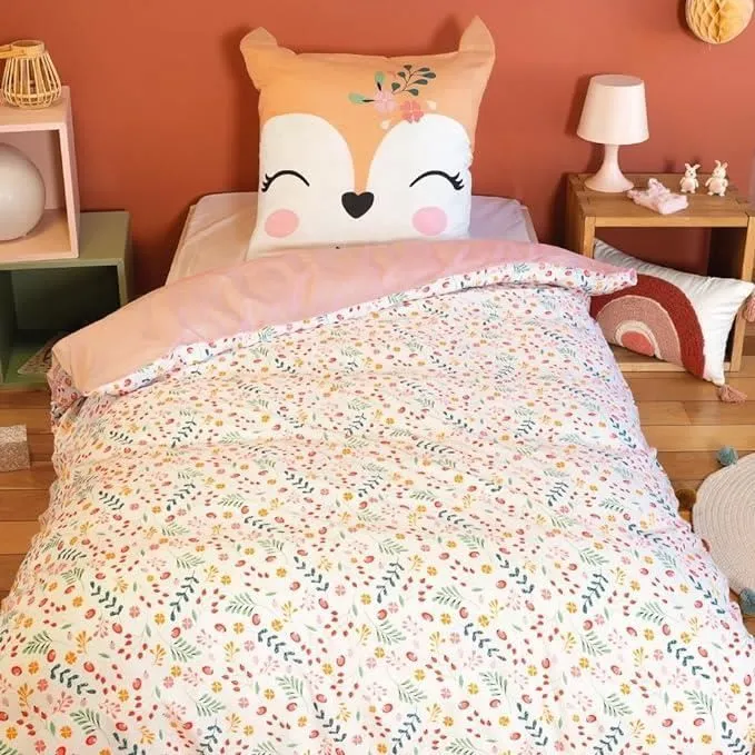 Parure de lit 140x200 cm Enfant - Housse de Couette + 1 Taie d'oreiller 63x63 cm Motif imprimé biche Rose et Bleu – en Microfibre-0