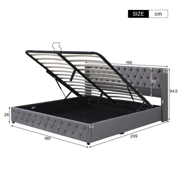 Lit coffre adulte 180 x 200 cm avec sommier, Coffre de rangement, Tissu en flanelle, Finition avec boutons, Style Scandinave, Gris-3