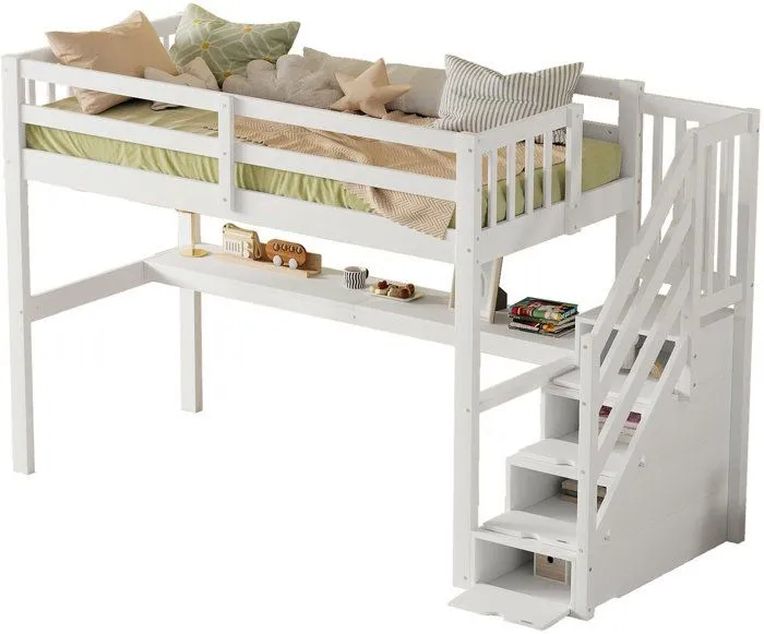 Lit mezzanine - Blanc - 90 x 200 cm - Avec bureau et tiroirs - 1 place - Montage facile-1