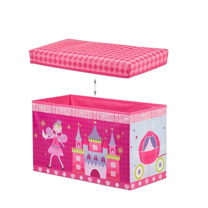 Relaxdays Tabouret Coffre à jouets boîte à jouets couvercle pouf enfant pliable princesse rangement fille 50L, rose-5
