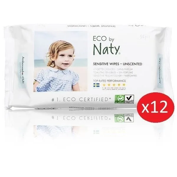 NATY - Lot de 12 paquets de 56 Lingettes douces eco sans parfum-0