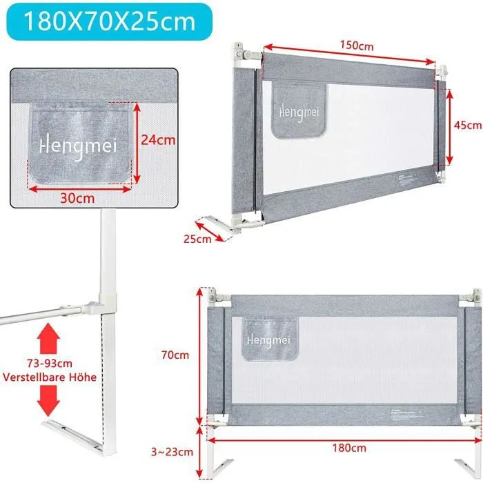LARS360 Barrière de lit pour enfant - 180 cm - Pour lit de famille et lit d'enfant - Protection contre les chutes-1