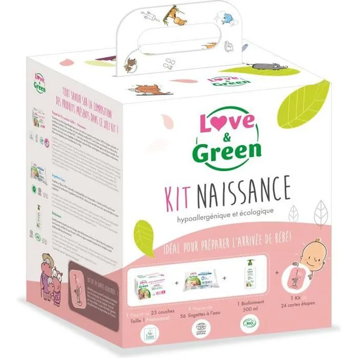 Kit naissance Love & Green - 1 paquet de T1 + 1 paquet de lingettes + 1 Bio liniment + 1 lot de 24 cartes étapes-0