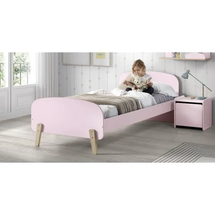 KIDDY Chambre enfant complète style scandinave en bois pin massif et MDF laqué vieux rose - l 90 x L 200 cm-0