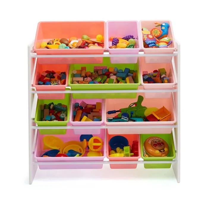 Basics - 841375 - Amazon Rangement pour jouets avec 12 bacs en plastique - Bois blanc avec bacs roses, 10.9" x 33.6" x 31.1"-2