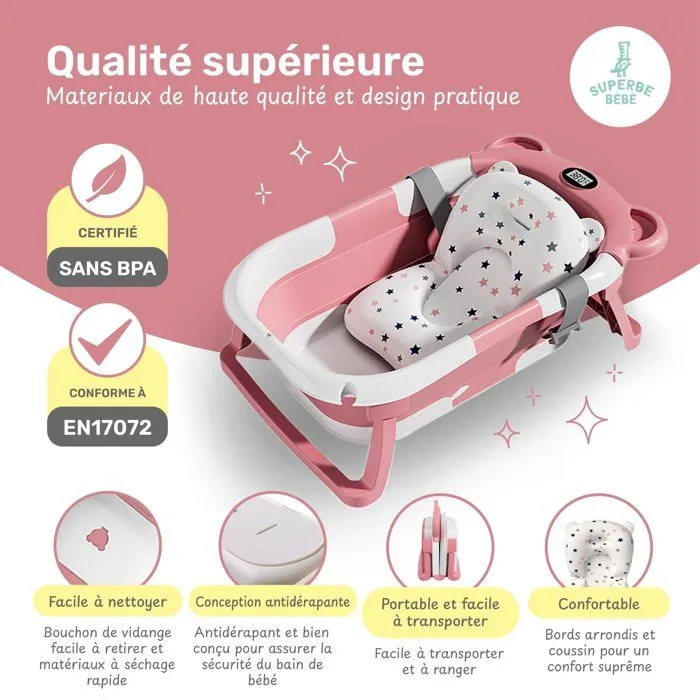 Baignoire bébé pliable - Thermomètre et coussin inclus - BEAR - Pink | SUPERBE BEBE-3