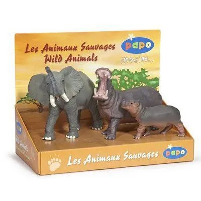Figurines Animaux Sauvages - PAPO - Coffret Eléphant et Hippopotames - Peintes à la main-0