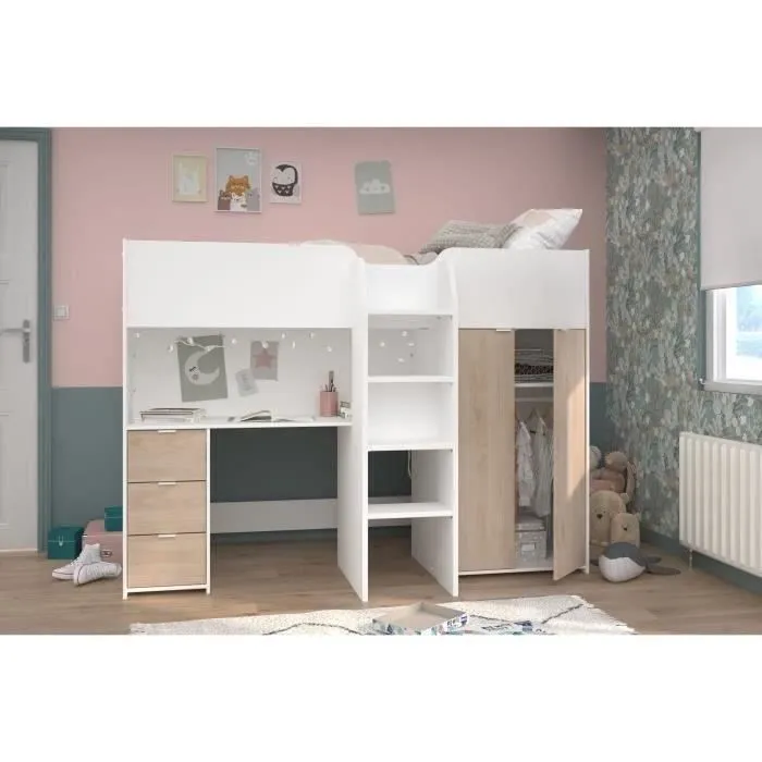 Lit combiné mezzanine enfant - TOM - Blanc et chêne - Armoire, bureau et sommier inclus-8