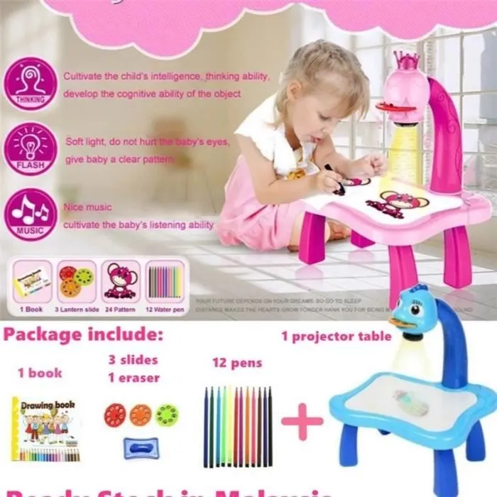 Table de projecteur de dessin pour enfants - PIMPIMSKY - Jouet éducatif - Rose - Projection + musique-1