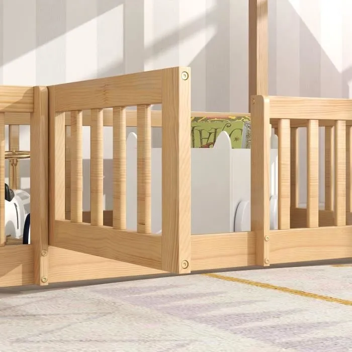 Lit superposé enfant 200 x 90 cm avec escalier, Lit enfant avec barrières et porte en bois massif, Chêne-2