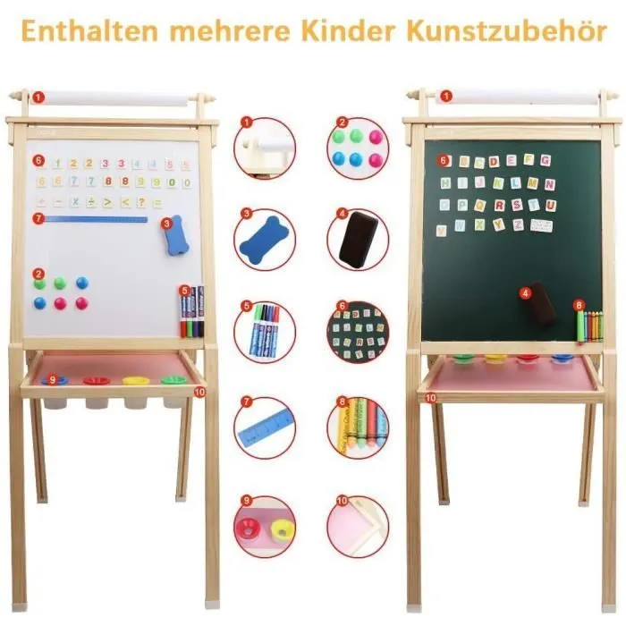 NOUVEAU Tableau de Dessin En Bois,Chevalet Porte-Dessin Magnétique Double Face en Bois,Planche à Dessin pour Enfant-1
